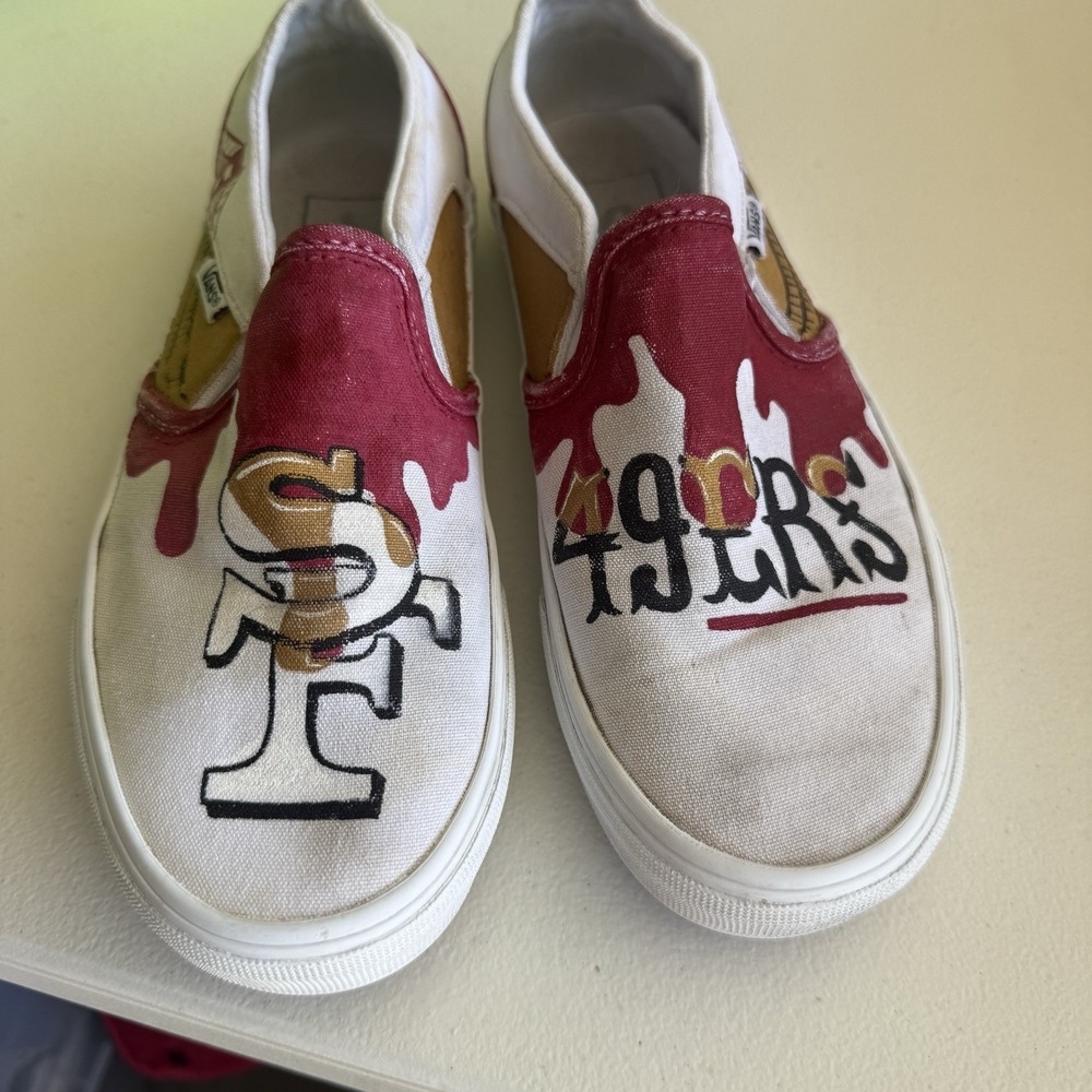 Vans Custom Painted San Francisco 49rs Canvas Slip On White And Red Women's 5